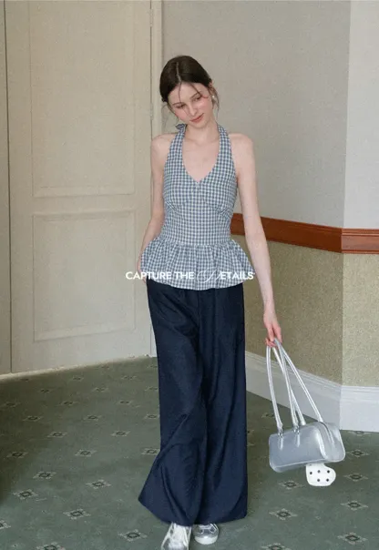 Strapless top with sheer neck tie and loose fit pants