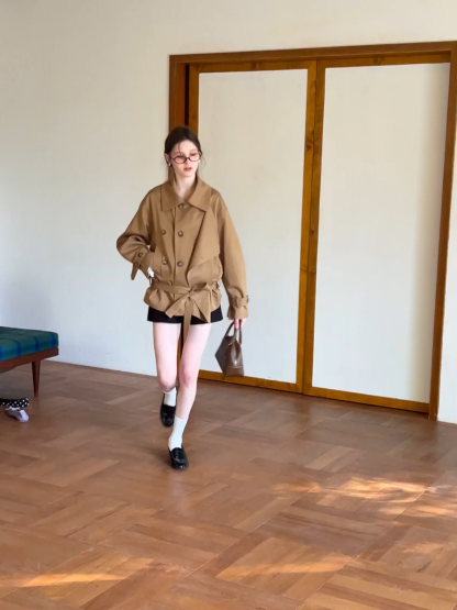 Double Breasted Short Jacket with Belted Waist