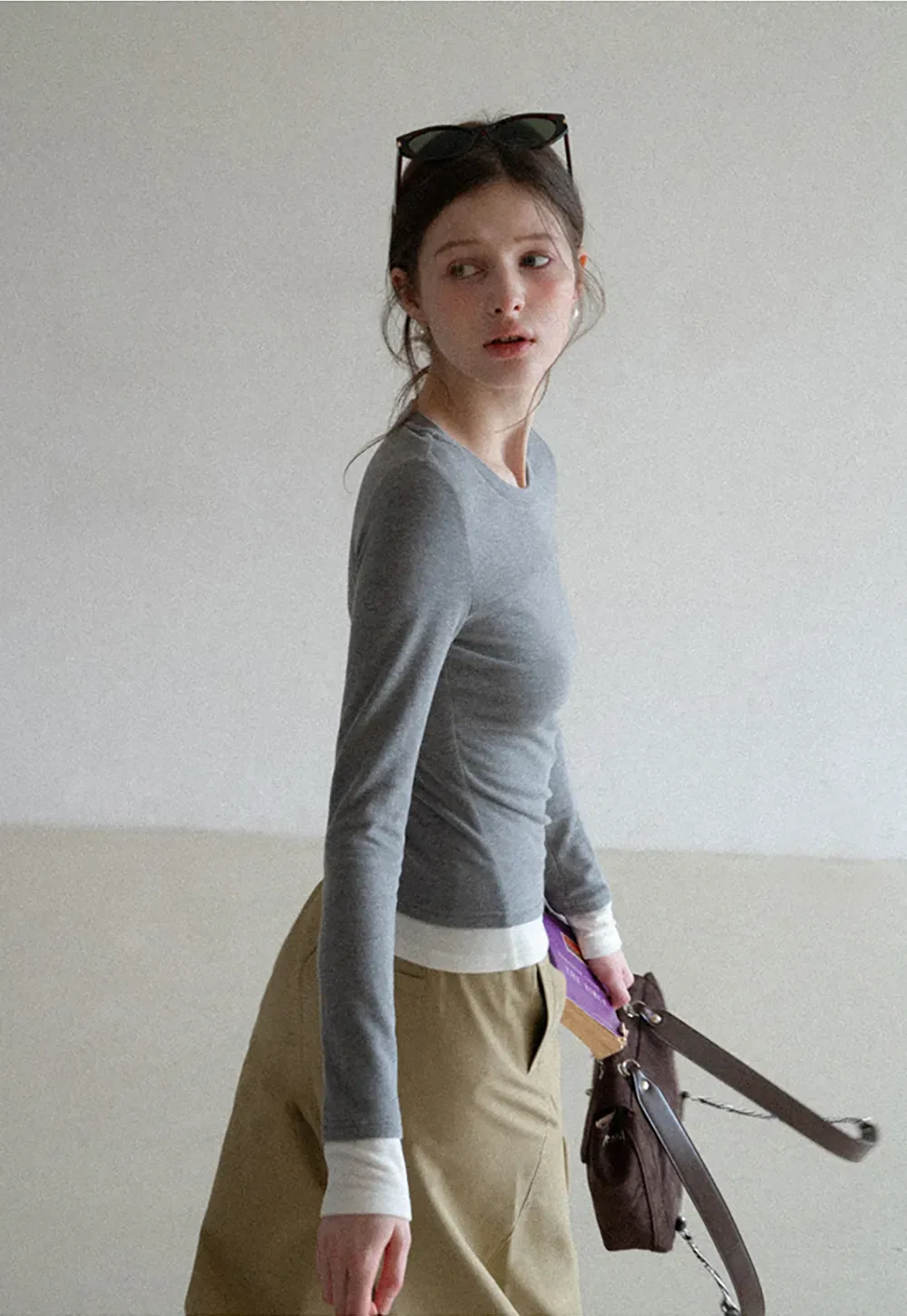 Long sleeve round neck layered t shirt design top