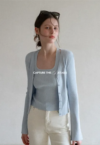 Light Knit Sweater Set with Tank Top and Cardigan Design