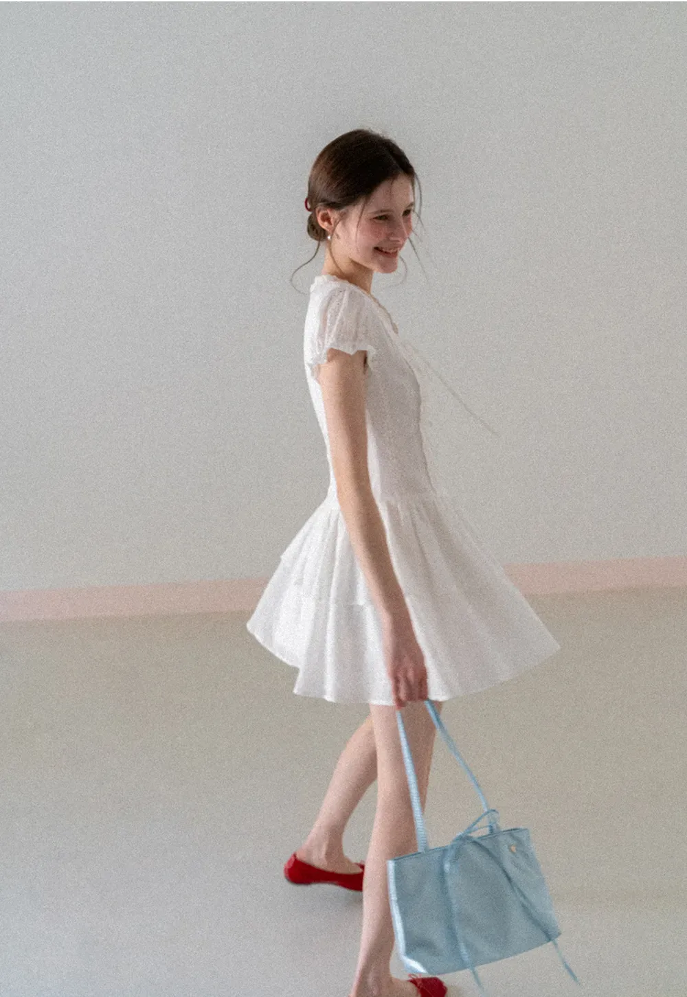 Eyelet Lace Dress with Puffed Sleeves and Tiered Skirt