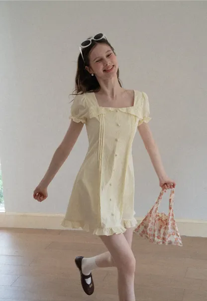 Short Sleeve Button Front Dress with Ruffled Hem