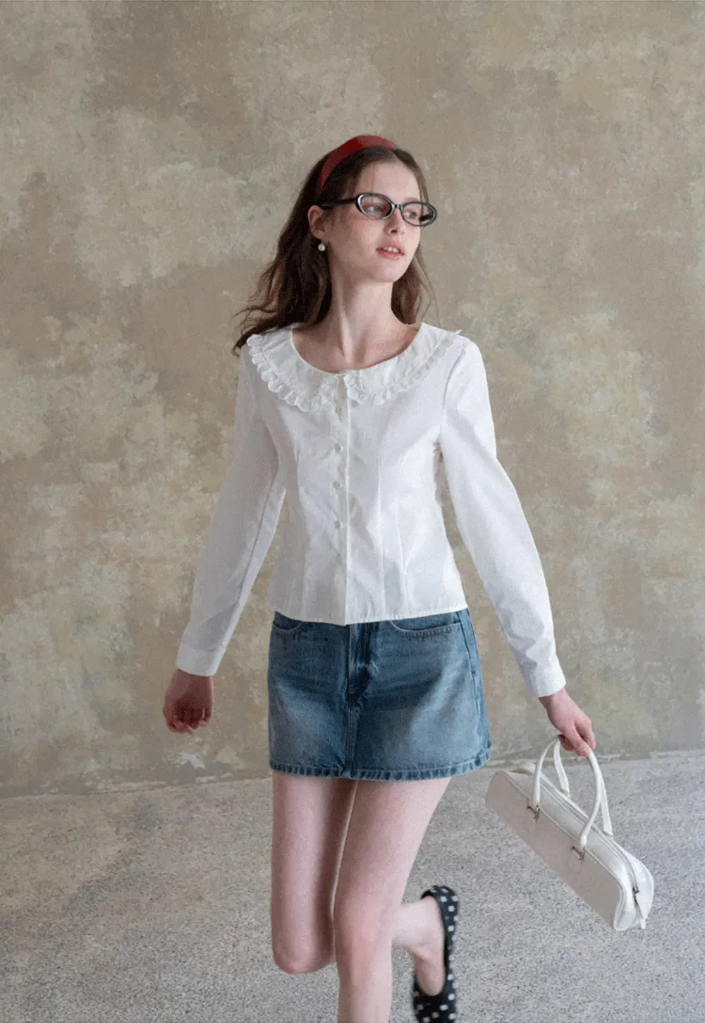 Long sleeve button front shirt with lace collar
