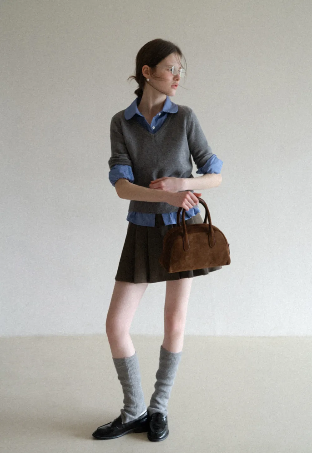 V Neck Knit Sweater with Layered Collar Design