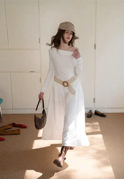 Elegant asymmetrical long sleeve dress with unique belt design