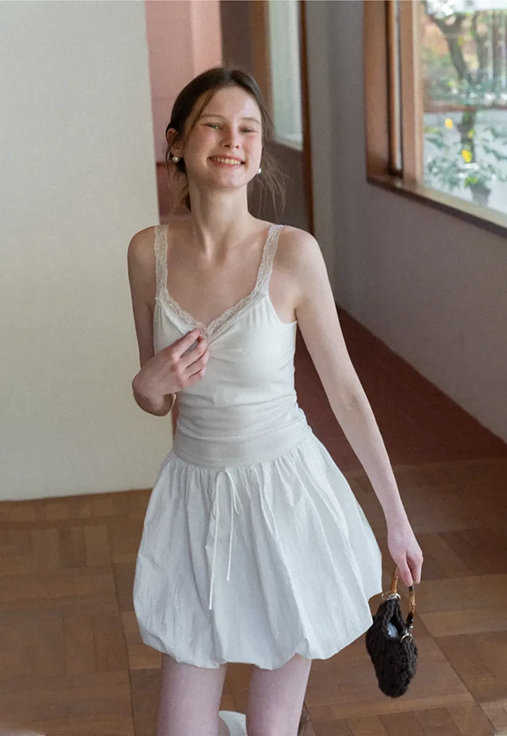 Lace Trimmed V Neck Camisole with Ruched Detail