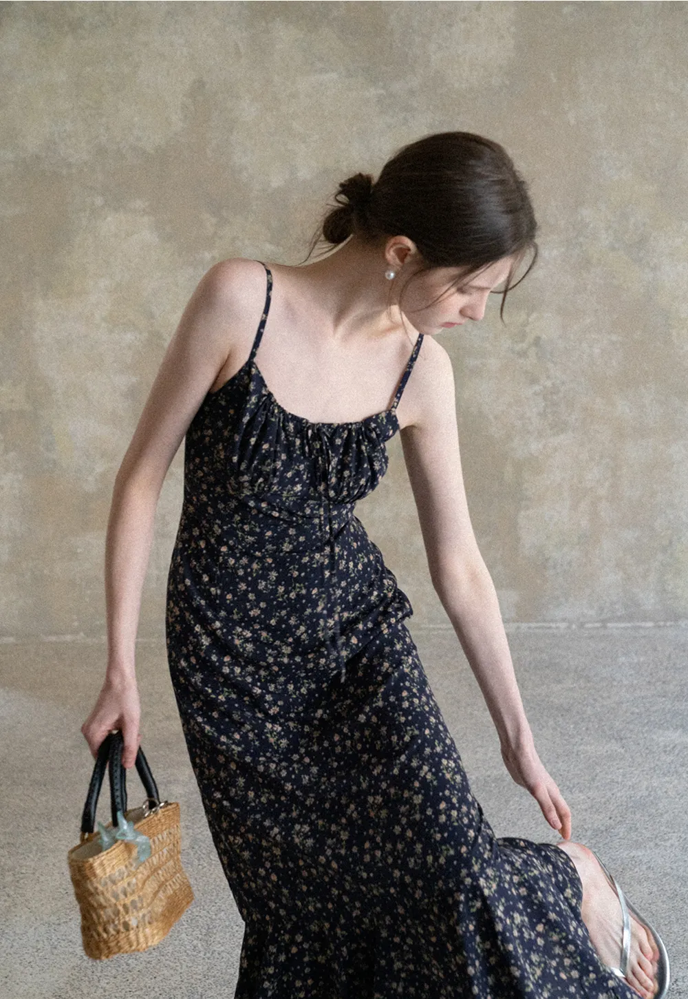 Floral Print Slip Dress with Thin Straps and Asymmetrical Hem
