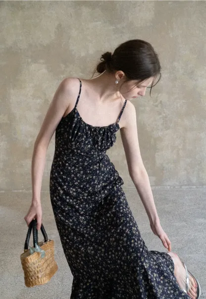 Floral Print Slip Dress with Thin Straps and Asymmetrical Hem