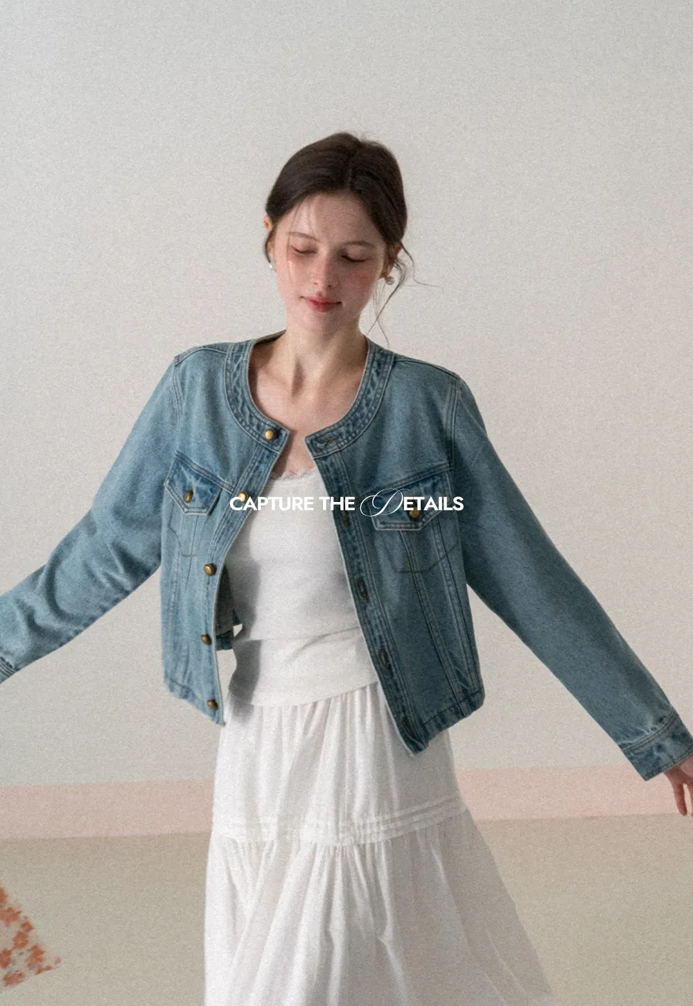 Denim short jacket with button front and chest pockets