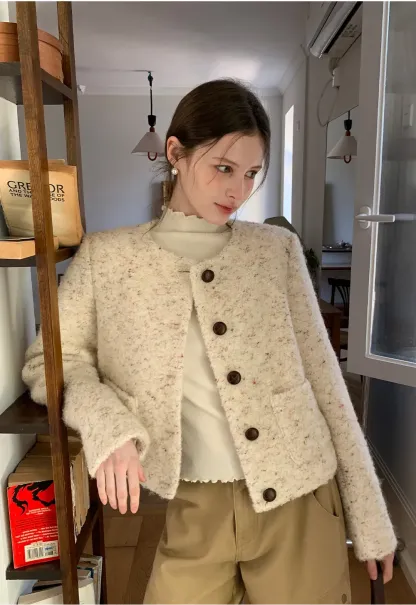 Textured Short Jacket with Long Sleeves and Round Neck