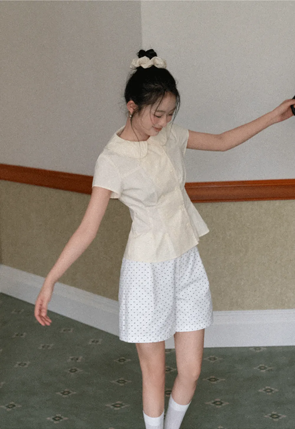 Short Sleeve Shirt with Peter Pan Collar and Peplum Hem