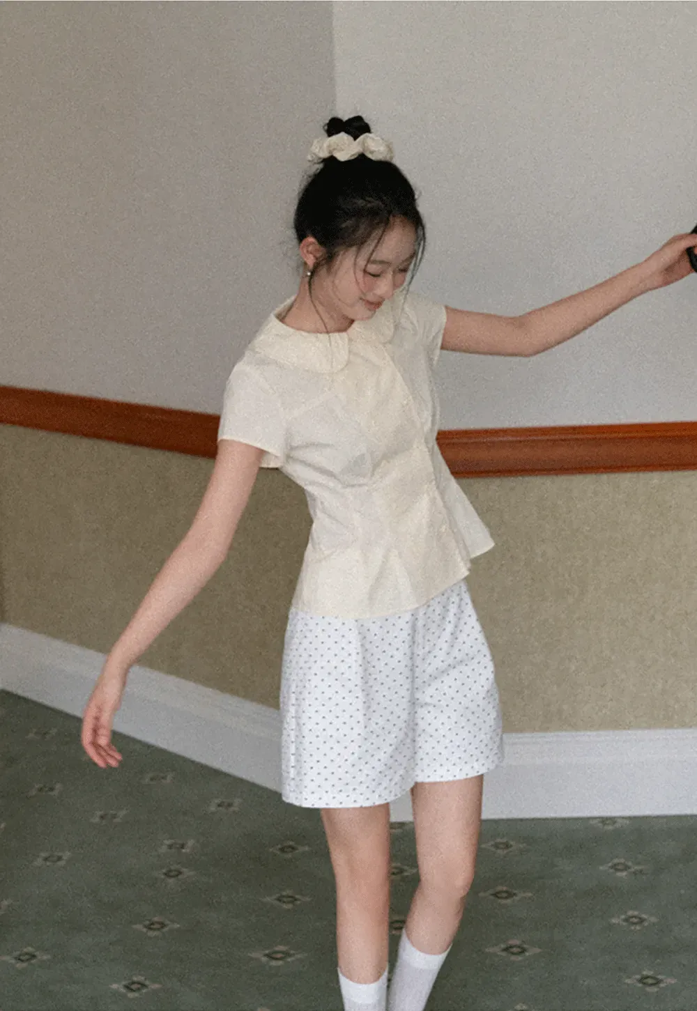 Short Sleeve Shirt with Peter Pan Collar and Peplum Hem