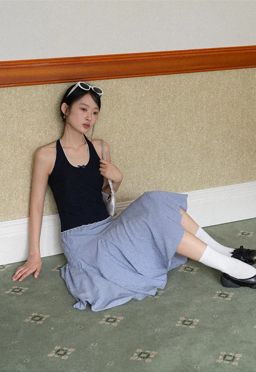 Gingham Pleated Flared Skirt