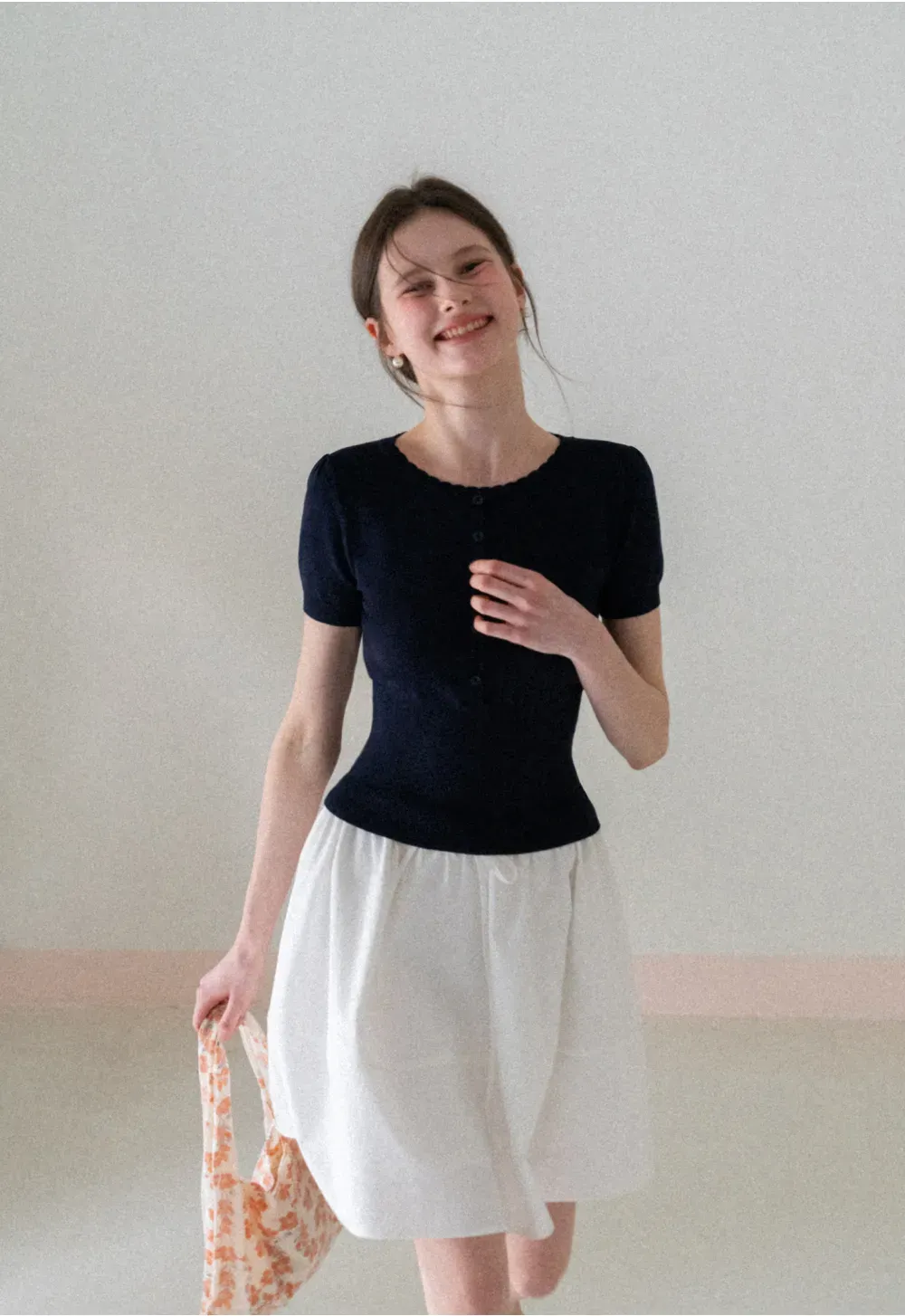 Short Sleeve Knit Top with Lace Trim and Button Placket