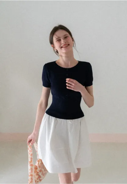 Short Sleeve Knit Top with Lace Trim and Button Placket