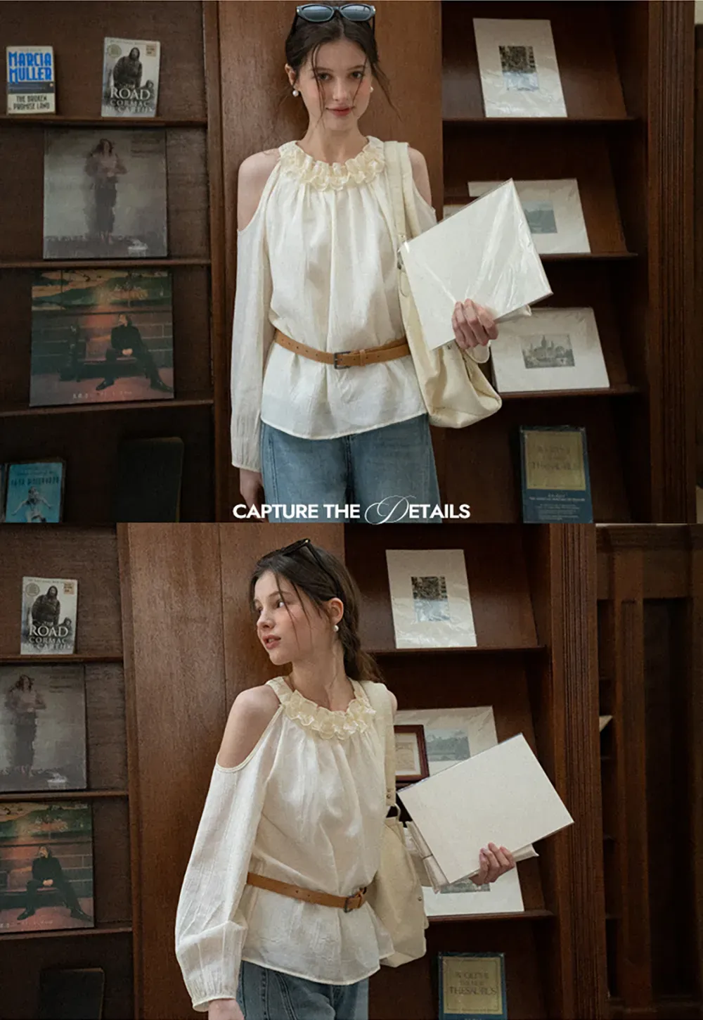 Lace Chiffon Blouse with Ruffled Neck and Cold Shoulder
