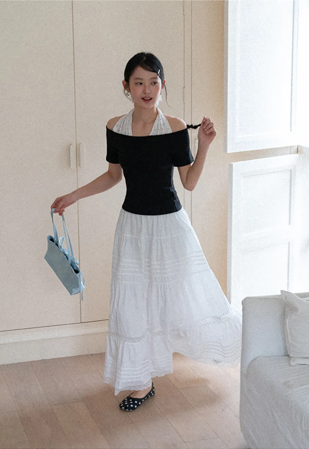 Off shoulder short sleeve top with halter neck detail