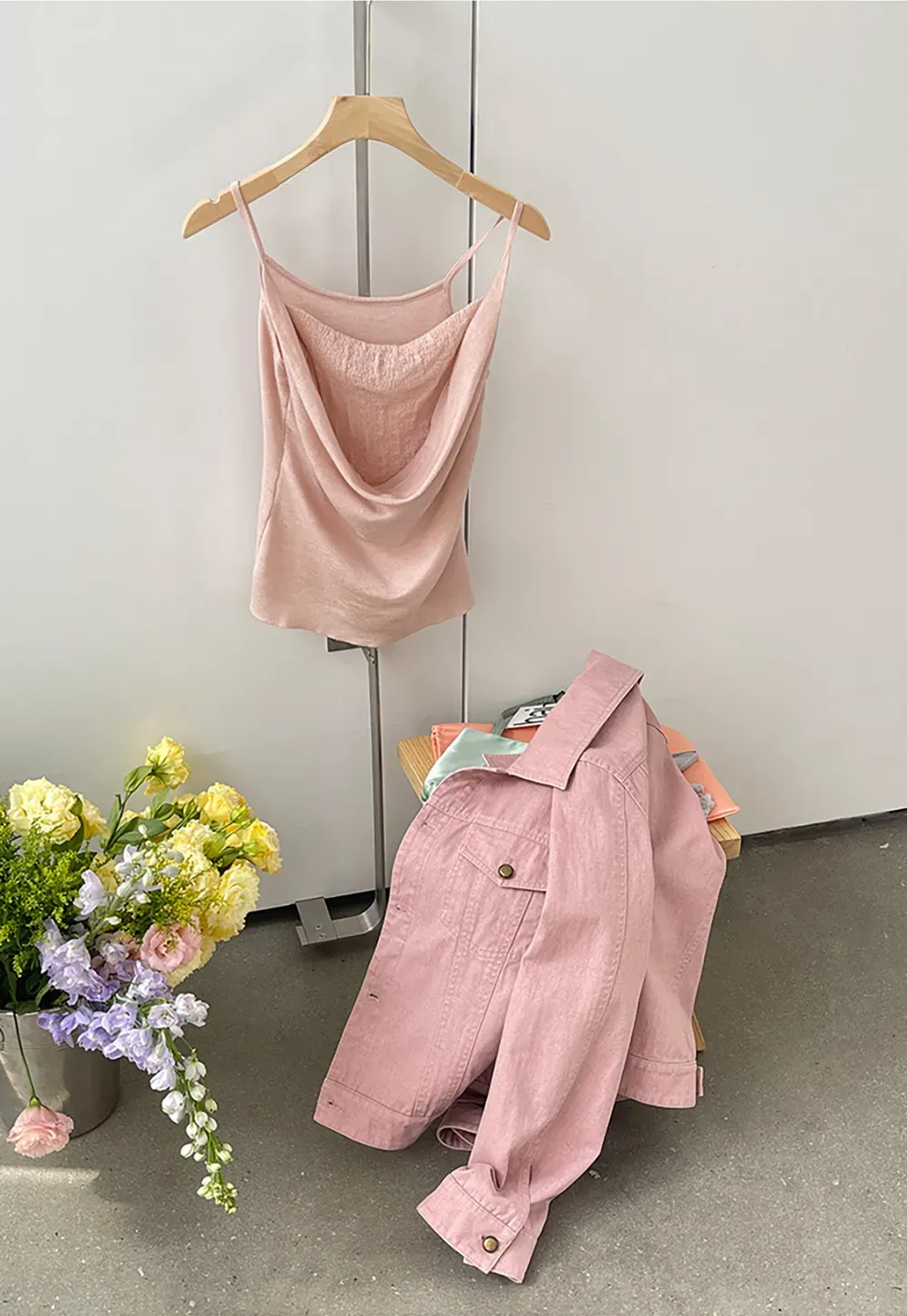 Silk-like tank top with thin straps and draped neckline