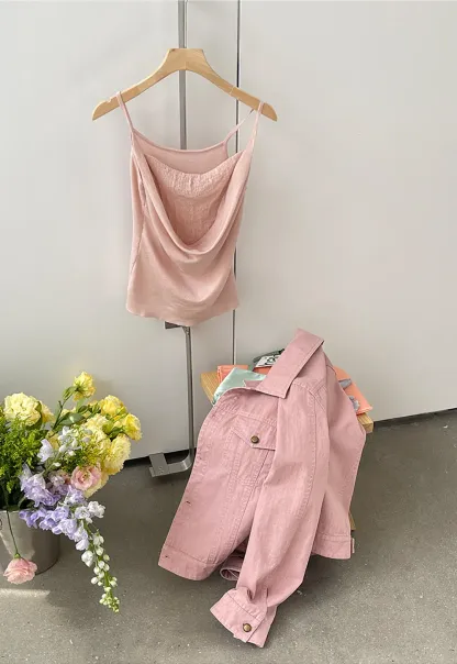 Silk-like tank top with thin straps and draped neckline