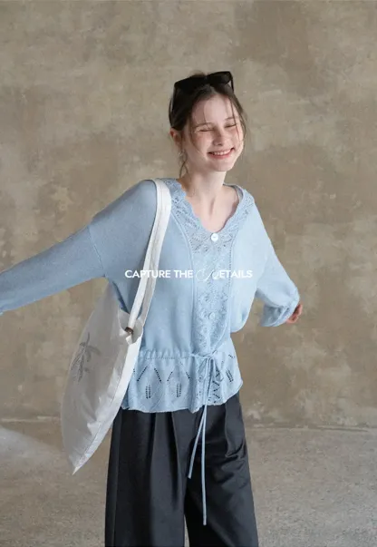 Lace Trimmed V Neck Knit Sweater with Drawstring Hem