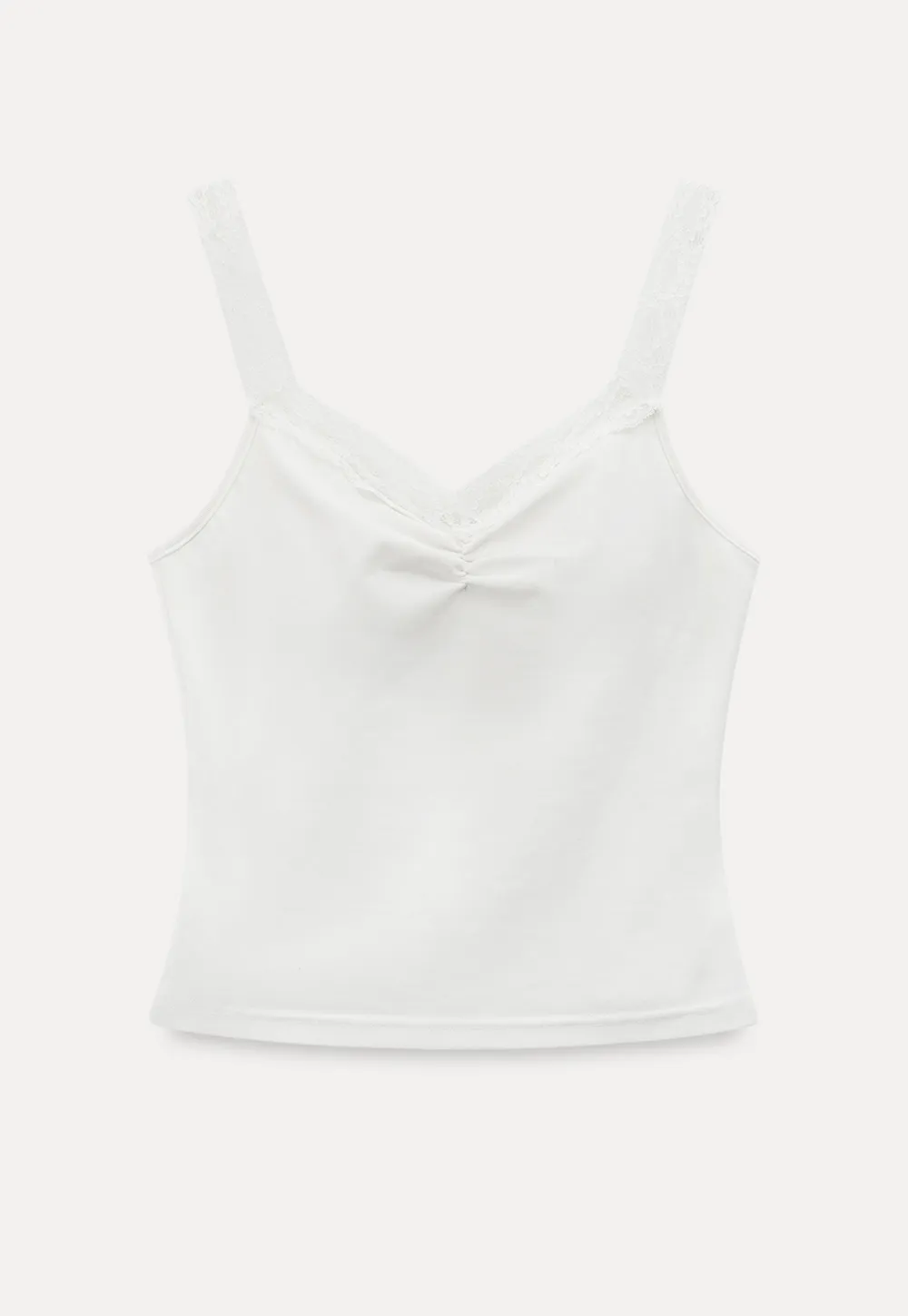 Lace Trimmed V Neck Camisole with Ruched Detail