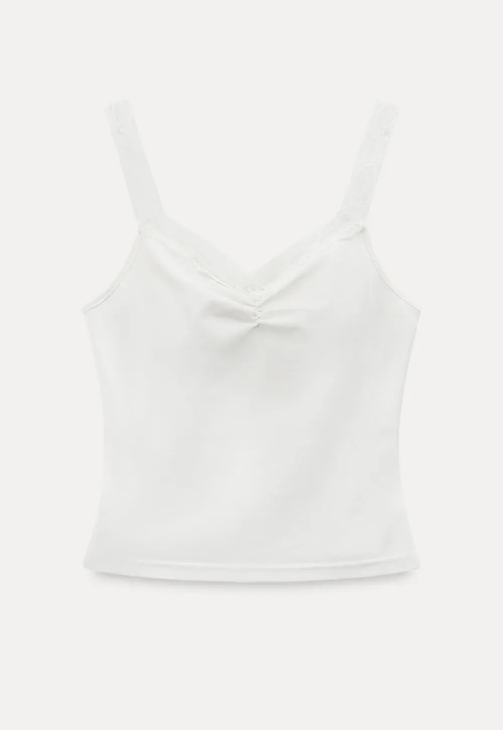 Lace Trimmed V Neck Camisole with Ruched Detail