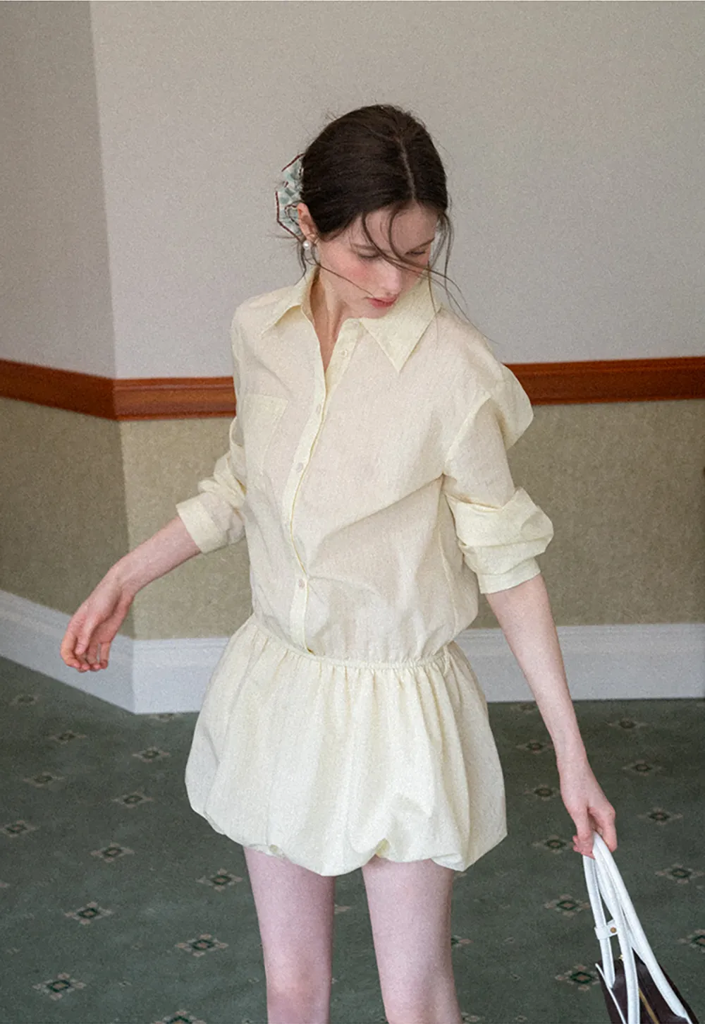 Button Front Shirt Dress with Pleated Pocket and Elastic Waist