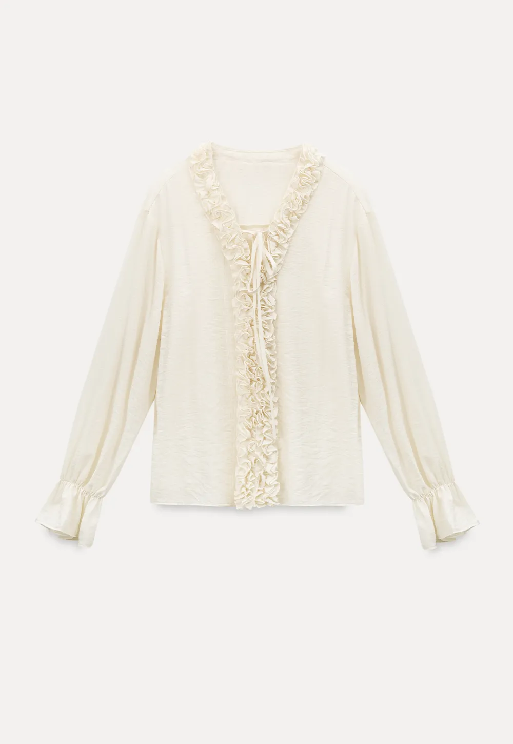 Long sleeve shirt with ruffled neckline and gathered cuffs