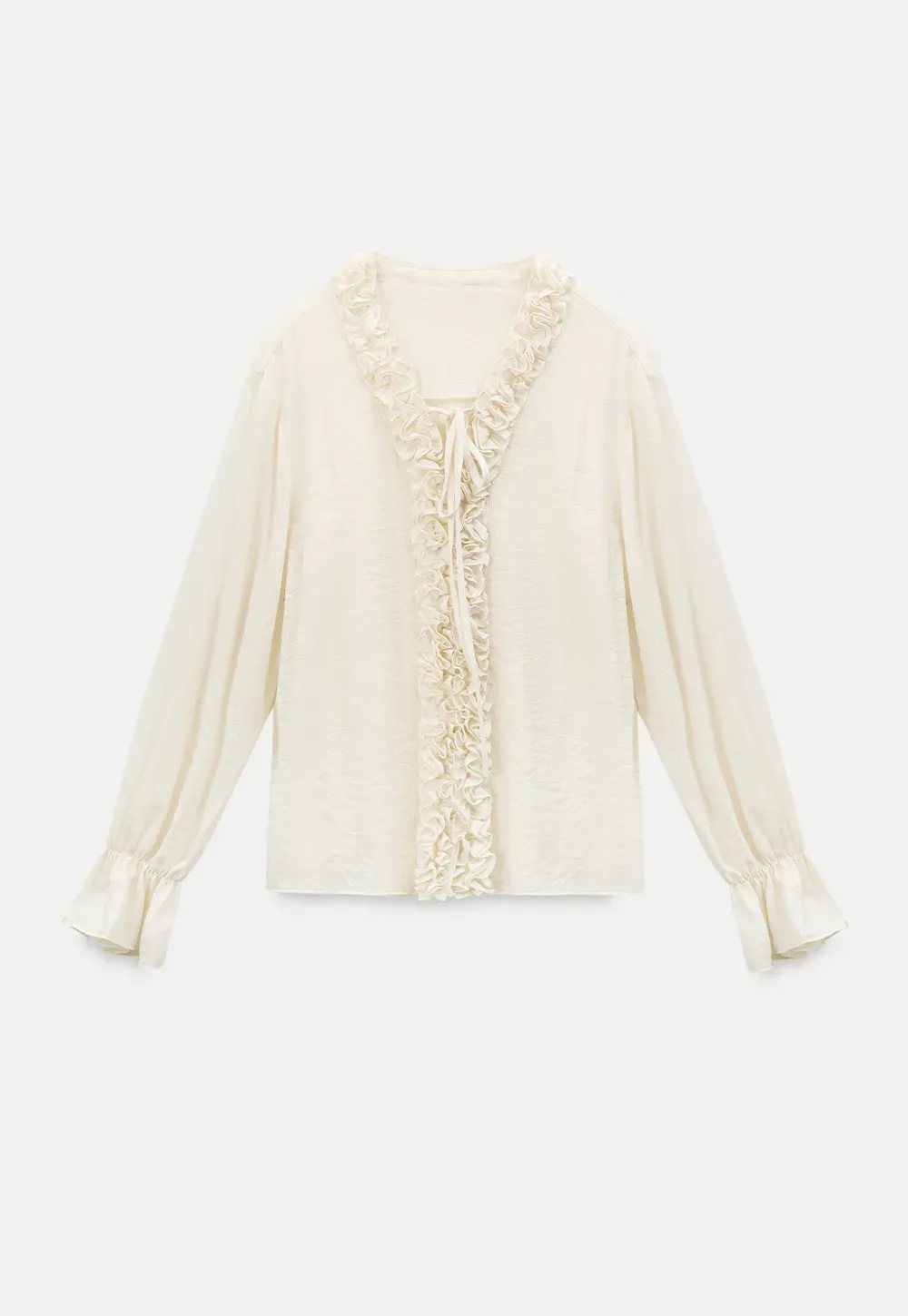 Long sleeve shirt with ruffled neckline and gathered cuffs