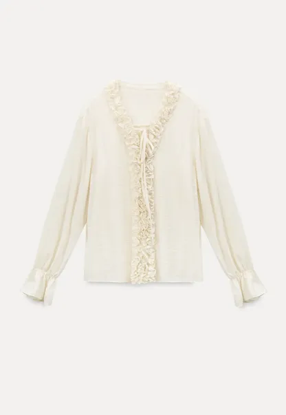 Long sleeve shirt with ruffled neckline and gathered cuffs