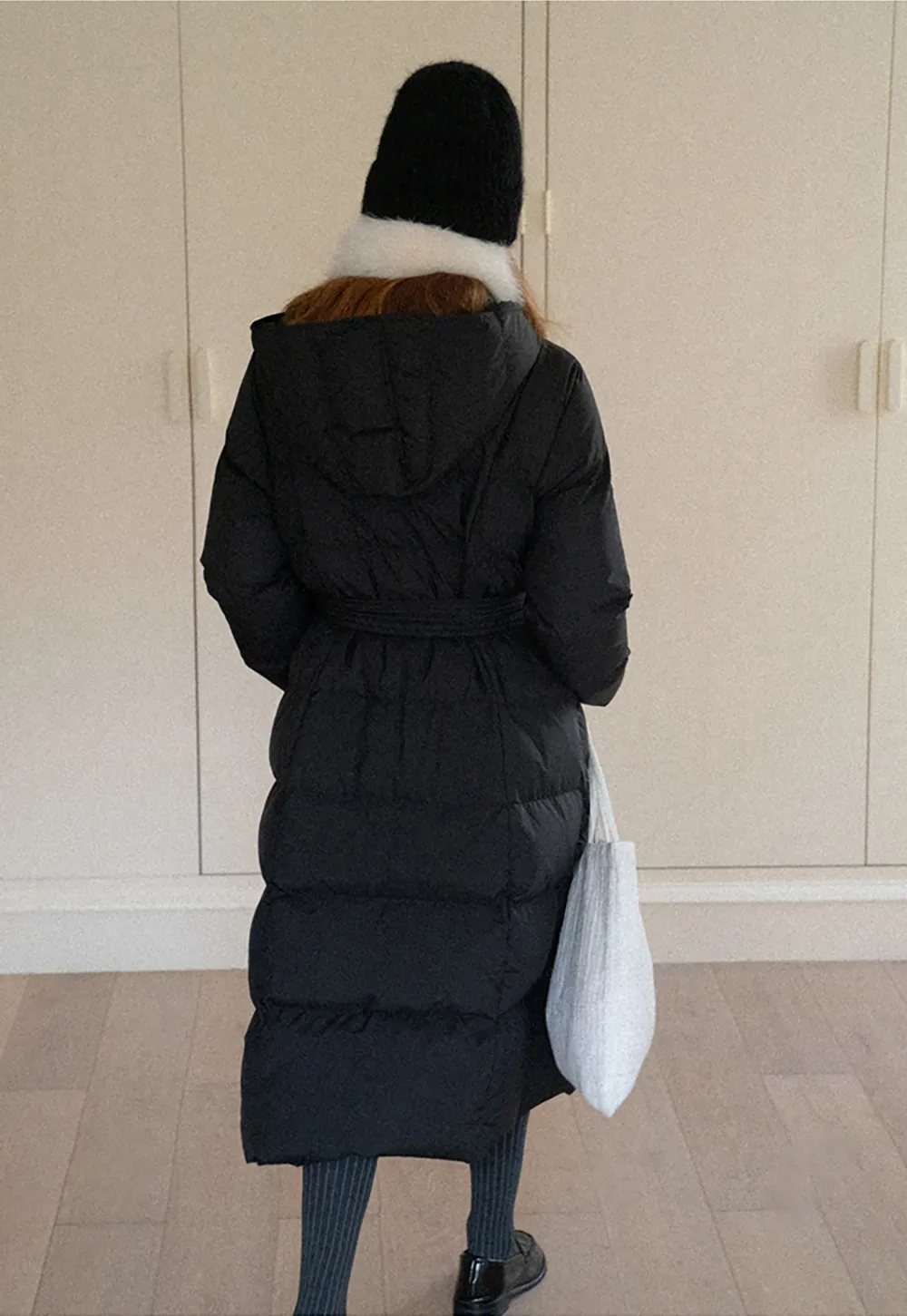 Long Puffer Coat with Fur Trim Hood Belted Design