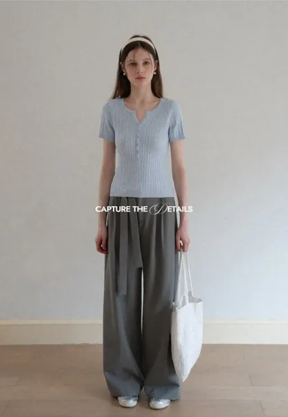 Cable Knit Short Sleeve V Neck Sweater