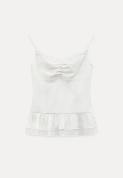 Lace Trimmed Peplum Tank Top with Thin Straps