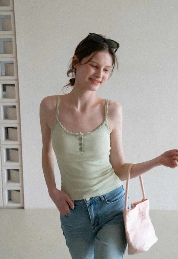 Lace Trim Button Front Tank Top