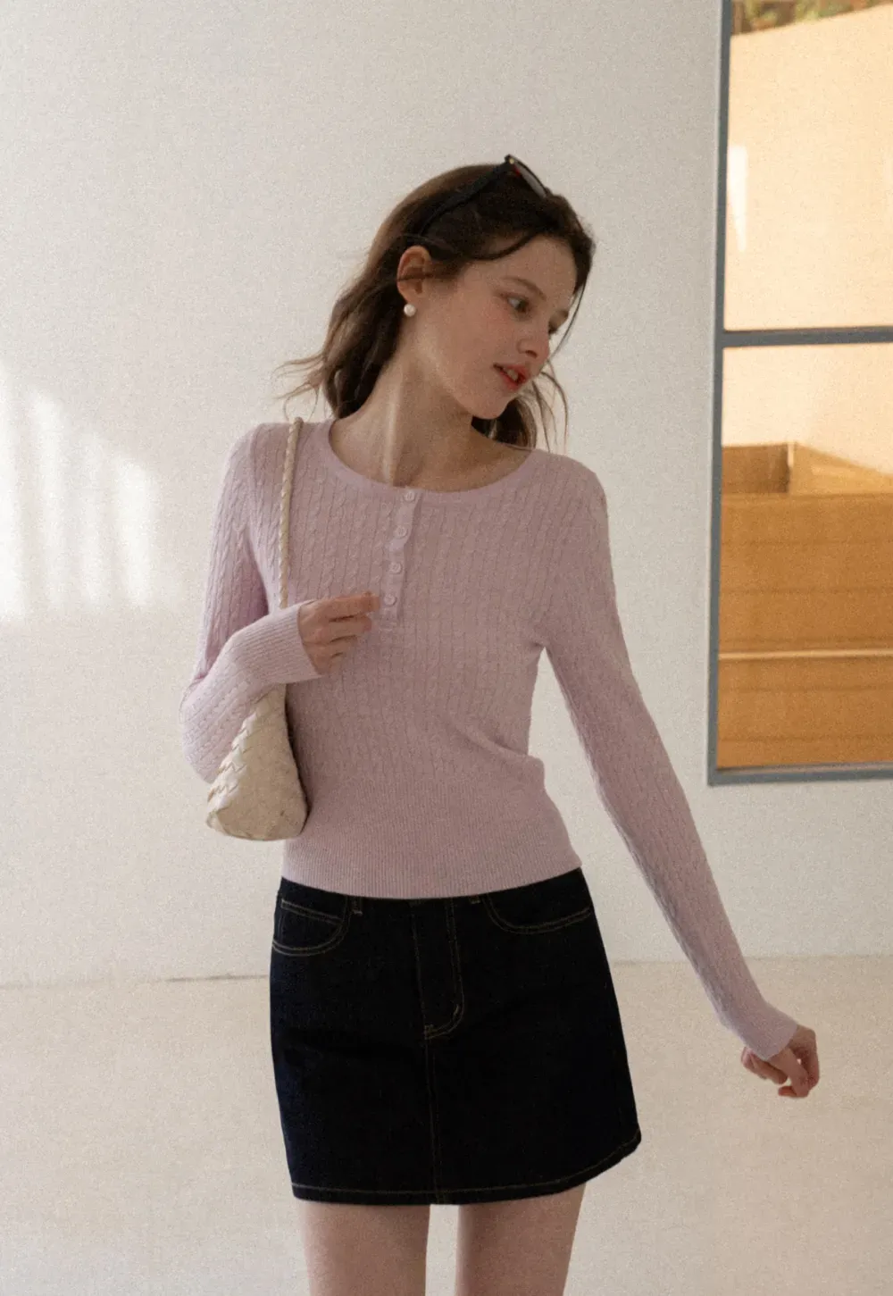 Cable Knit Long Sleeve Sweater with Button Detail