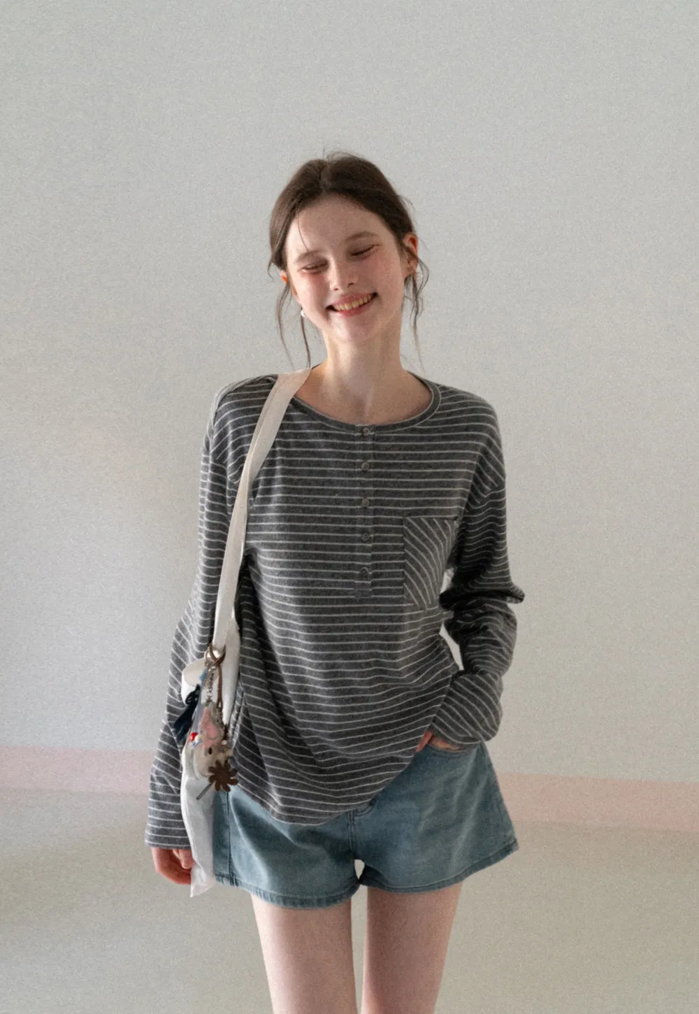 Long sleeve striped henley shirt with chest pocket