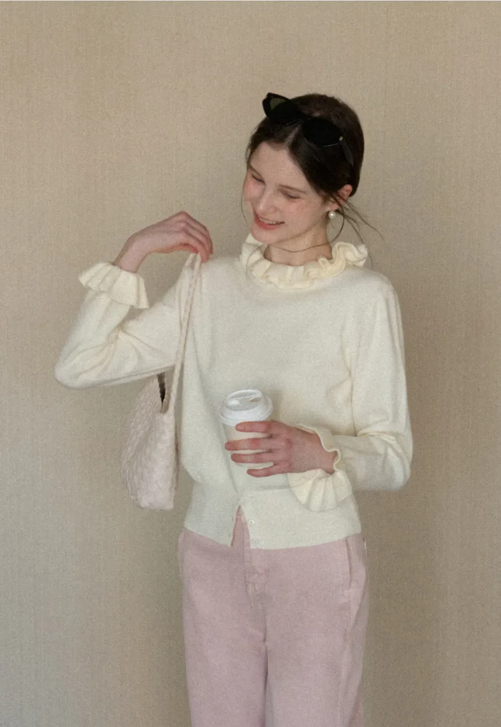 Elegant Ruffle Detail Knit Sweater with Flared Cuffs and Neckline