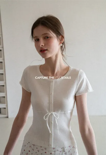 Short Sleeve Knit Cardigan with Front Buttons and Waist Tie
