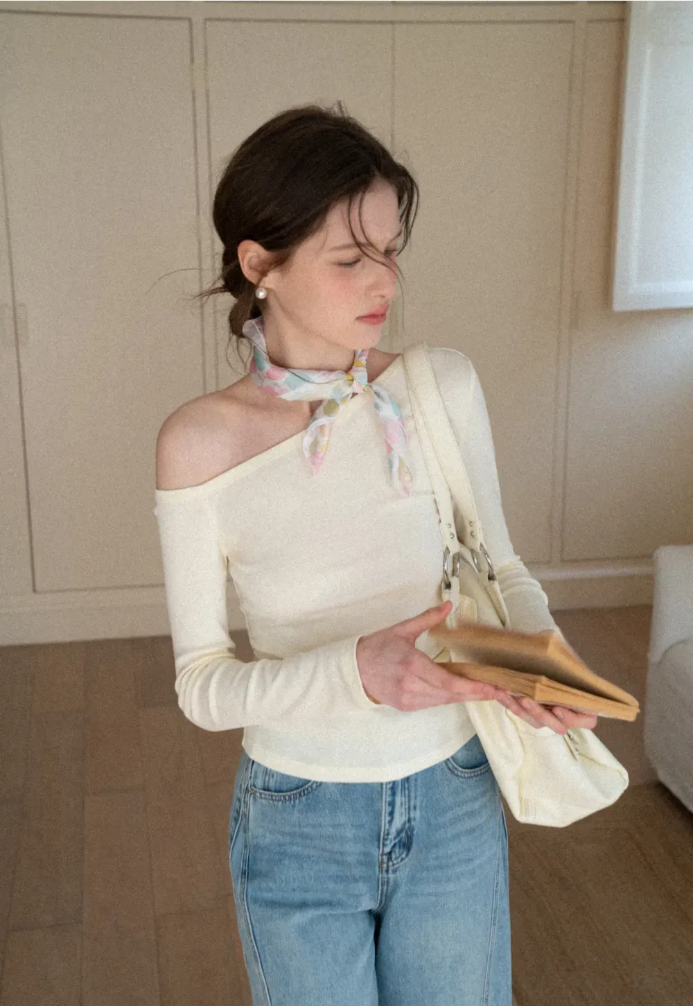 Asymmetrical long sleeve off shoulder top