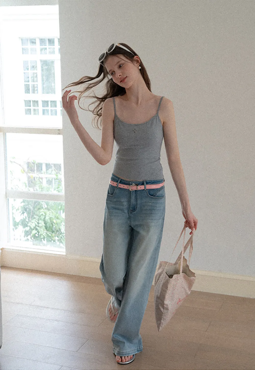 Gray tank top with small embroidered cross detail