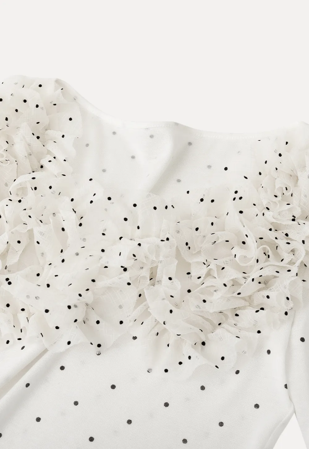 Polka dot long sleeve top with ruffled neckline