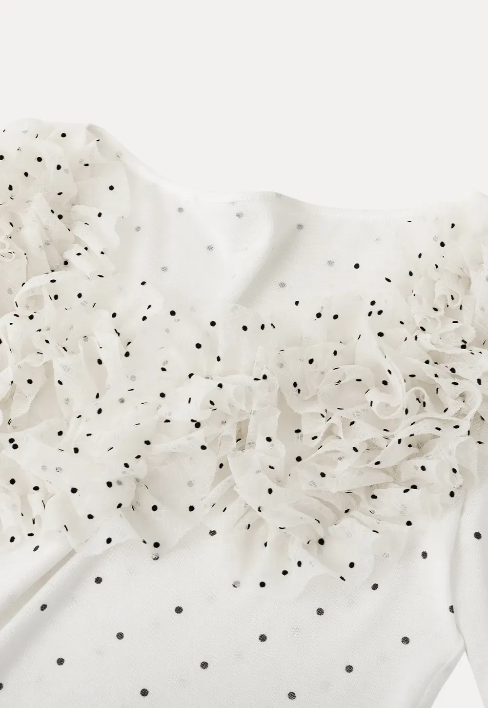 Polka dot long sleeve top with ruffled neckline