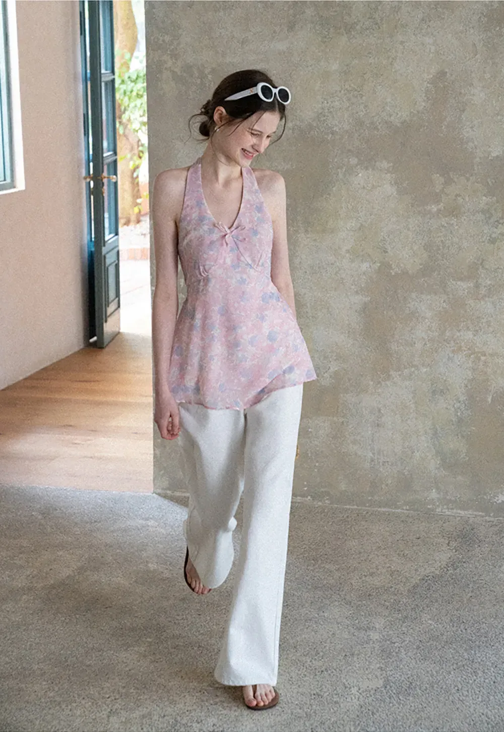 Woolen knit sweater with tie front and floral tank top