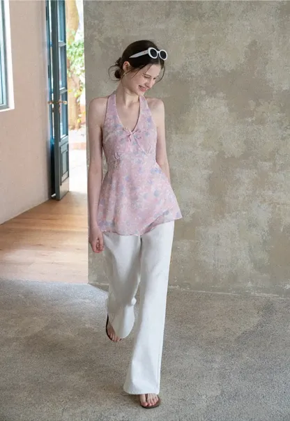 Woolen knit sweater with tie front and floral tank top