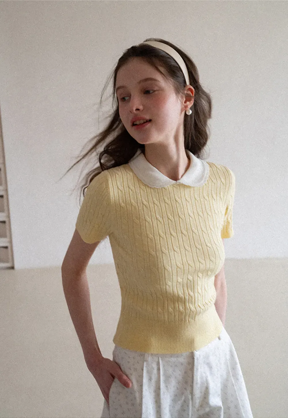 Cable Knit Short Sleeve Sweater with Collar