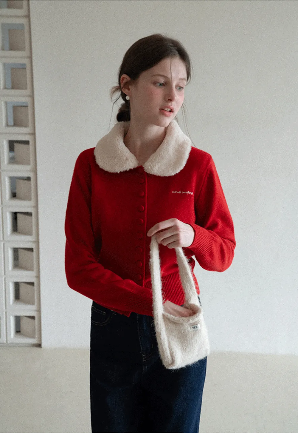 Soft Collar Knit Cardigan with Embroidery Design