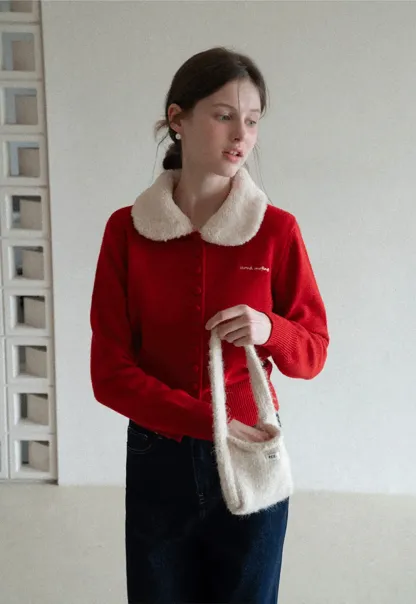 Soft Collar Knit Cardigan with Embroidery Design