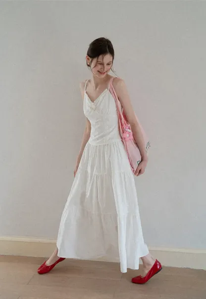 V neck sleeveless dress with floral embellishment