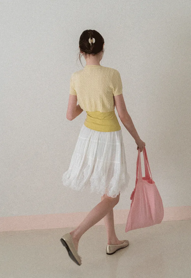 Short Sleeve Cable Knit Cardigan with Button Closure