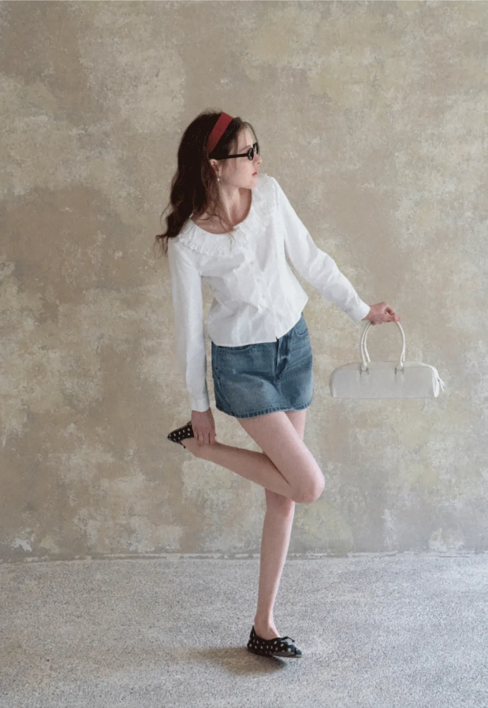 Long sleeve button front shirt with lace collar